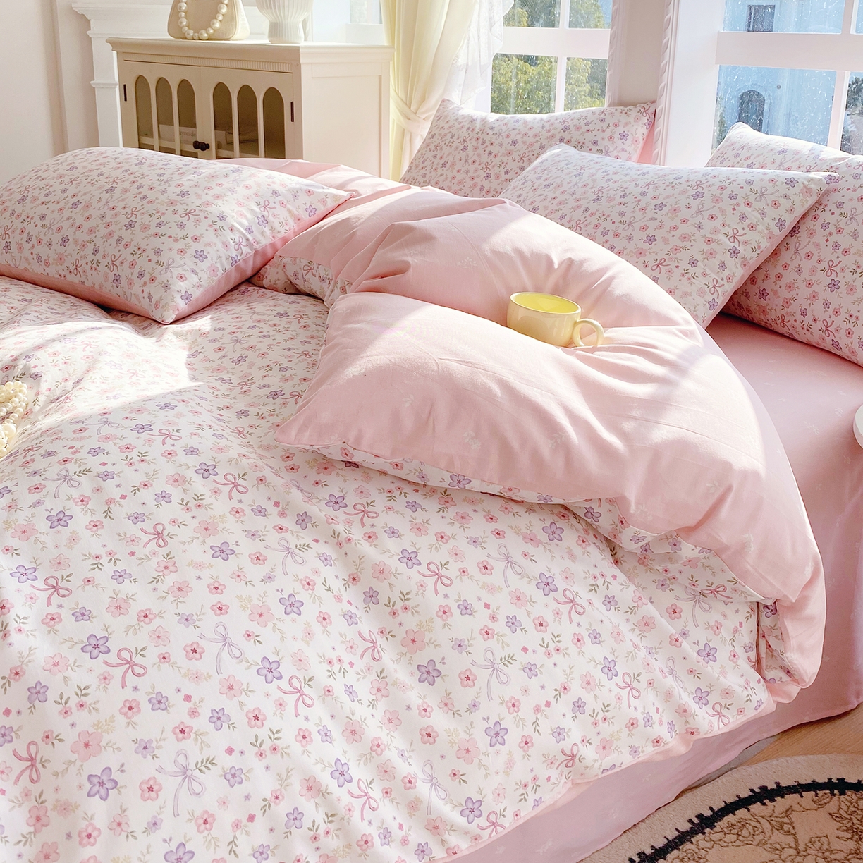 91家纺网 家纺一手货源 找家纺 小懒猪 2026春夏新款全棉纯棉花卉款四件套 紫粉花漾