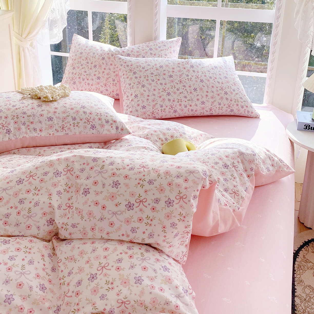 91家纺网 家纺一手货源 找家纺 小懒猪 2026春夏新款全棉纯棉花卉款四件套 紫粉花漾