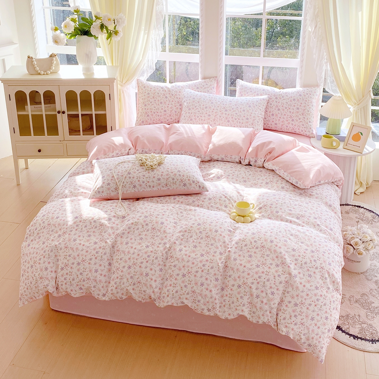 91家纺网 家纺一手货源 找家纺 小懒猪 2026春夏新款全棉纯棉花卉款四件套 紫粉花漾