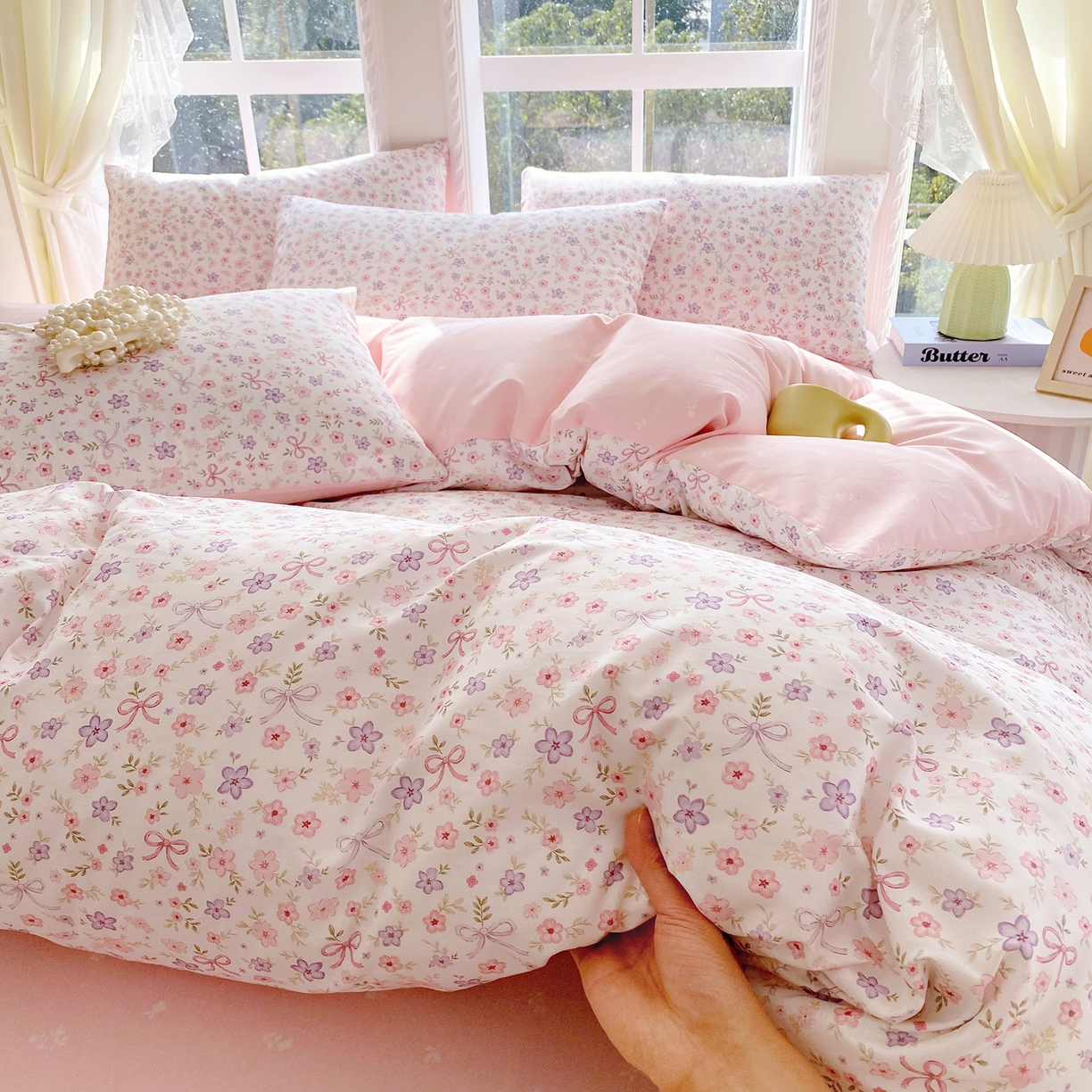 91家纺网 家纺一手货源 找家纺 小懒猪 2026春夏新款全棉纯棉花卉款四件套 紫粉花漾