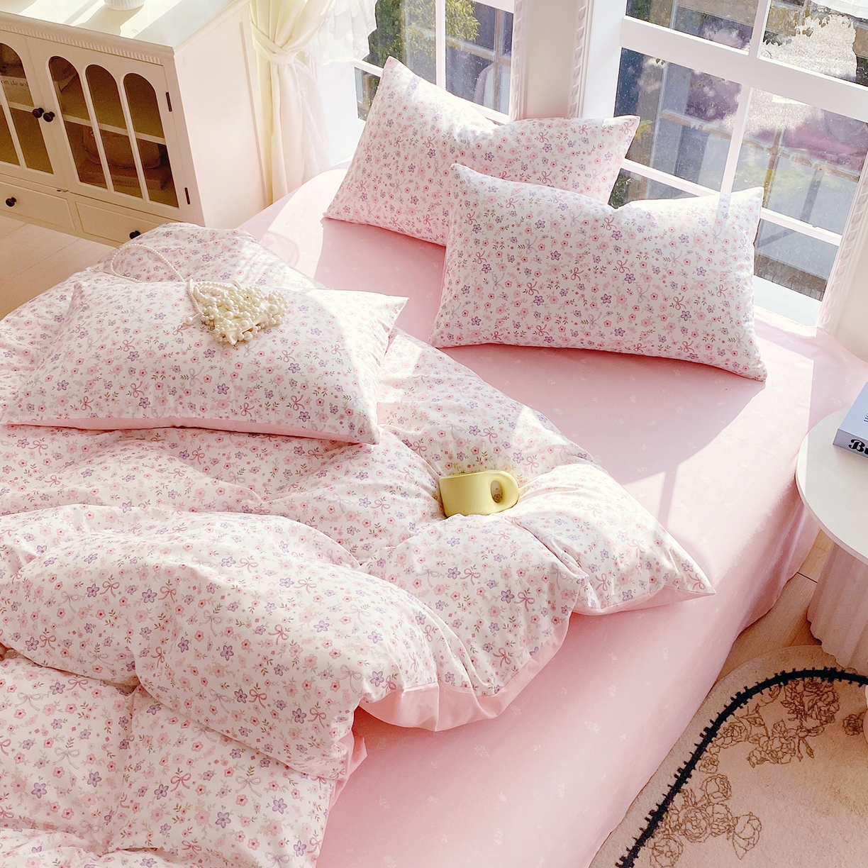 91家纺网 家纺一手货源 找家纺 小懒猪 2026春夏新款全棉纯棉花卉款四件套 紫粉花漾