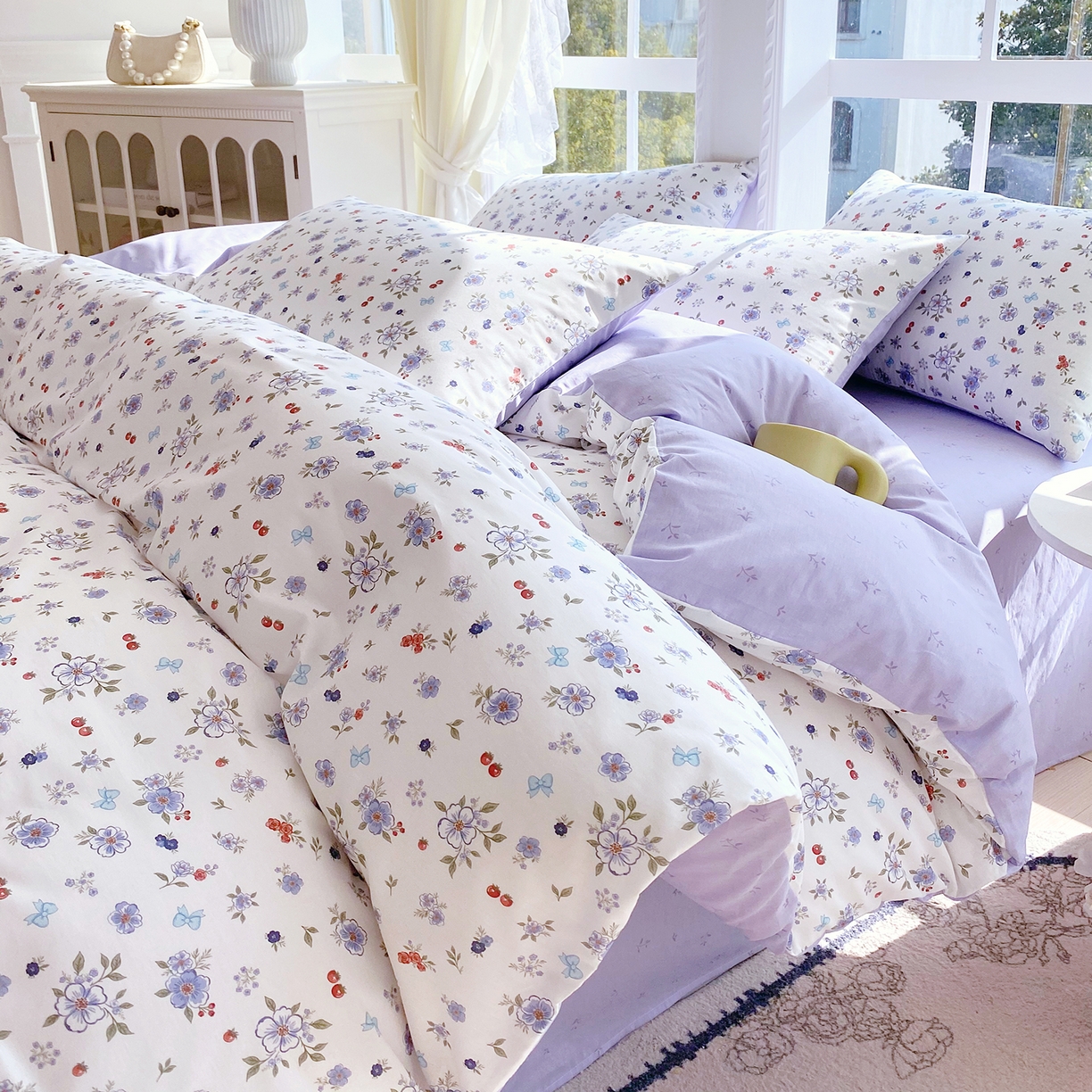 91家纺网 家纺一手货源 找家纺 小懒猪 2026春夏新款全棉纯棉花卉款四件套 雾蓝花簇