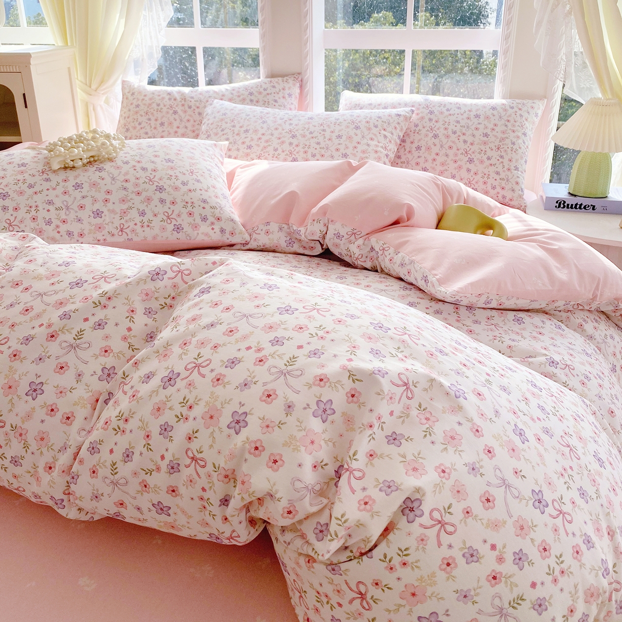 91家纺网 家纺一手货源 找家纺 小懒猪 2026春夏新款全棉纯棉花卉款四件套 紫粉花漾