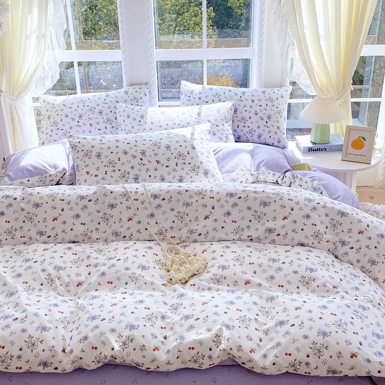 91家纺网 家纺一手货源 找家纺 小懒猪 2026春夏新款全棉纯棉花卉款四件套 雾蓝花簇