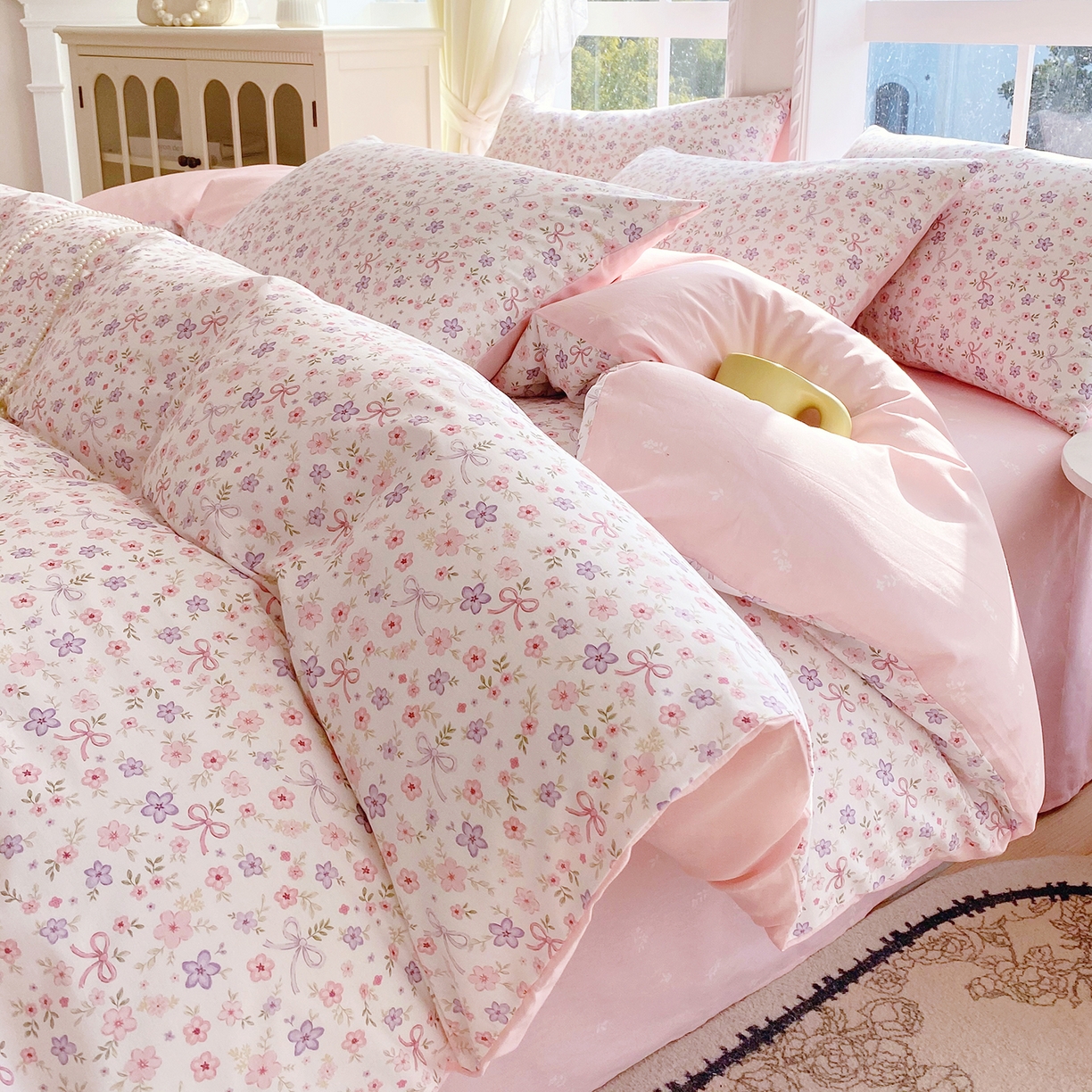 91家纺网 家纺一手货源 找家纺 小懒猪 2026春夏新款全棉纯棉花卉款四件套 紫粉花漾