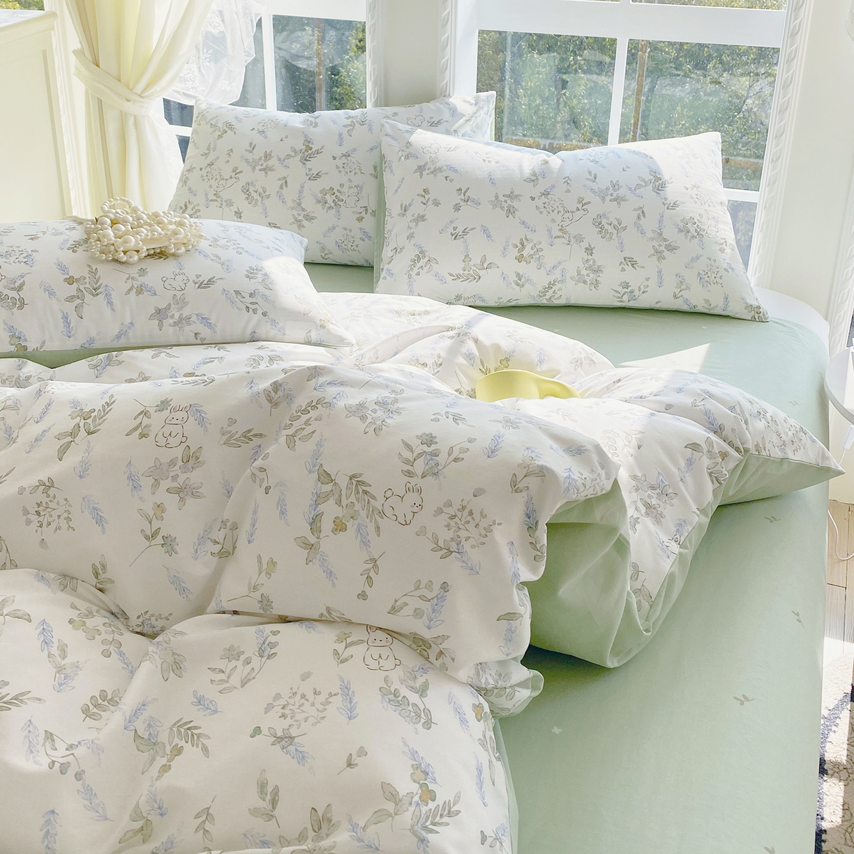 91家纺网 家纺一手货源 找家纺 小懒猪 2026春夏新款全棉纯棉花卉款四件套 森屹兔眠