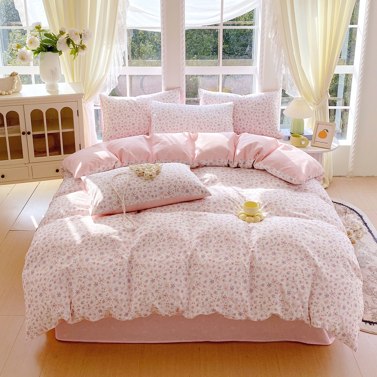 91家纺网 家纺一手货源 找家纺 小懒猪 2026春夏新款全棉纯棉花卉款四件套 紫粉花漾