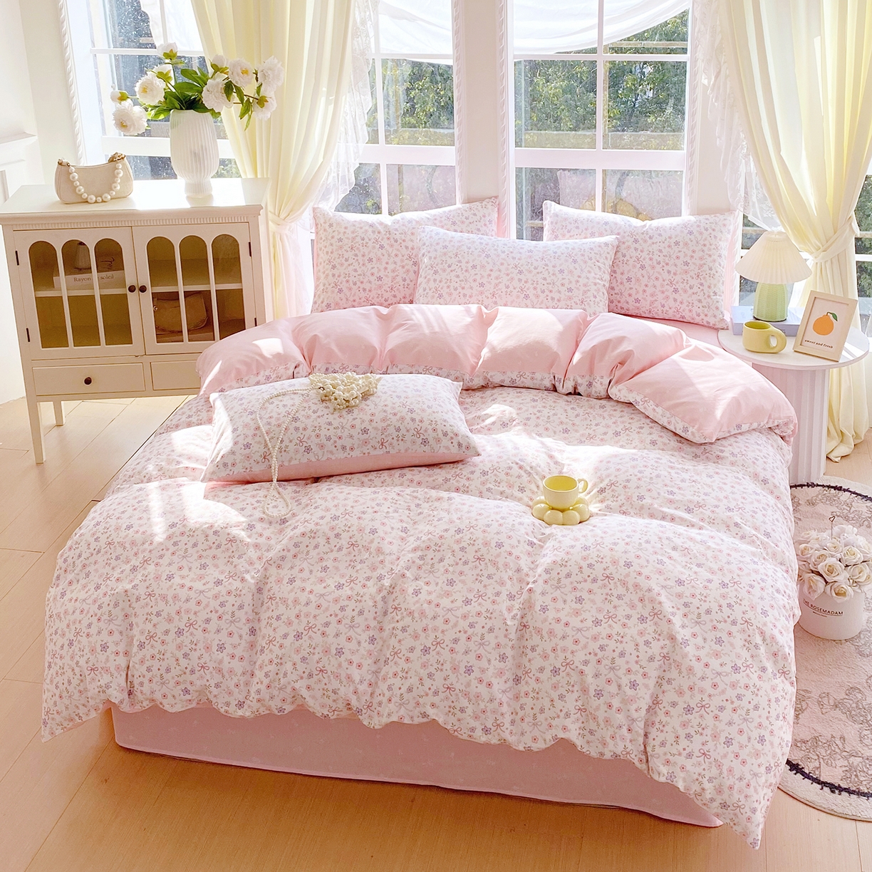 91家纺网 家纺一手货源 找家纺 小懒猪 2026春夏新款全棉纯棉花卉款四件套 紫粉花漾