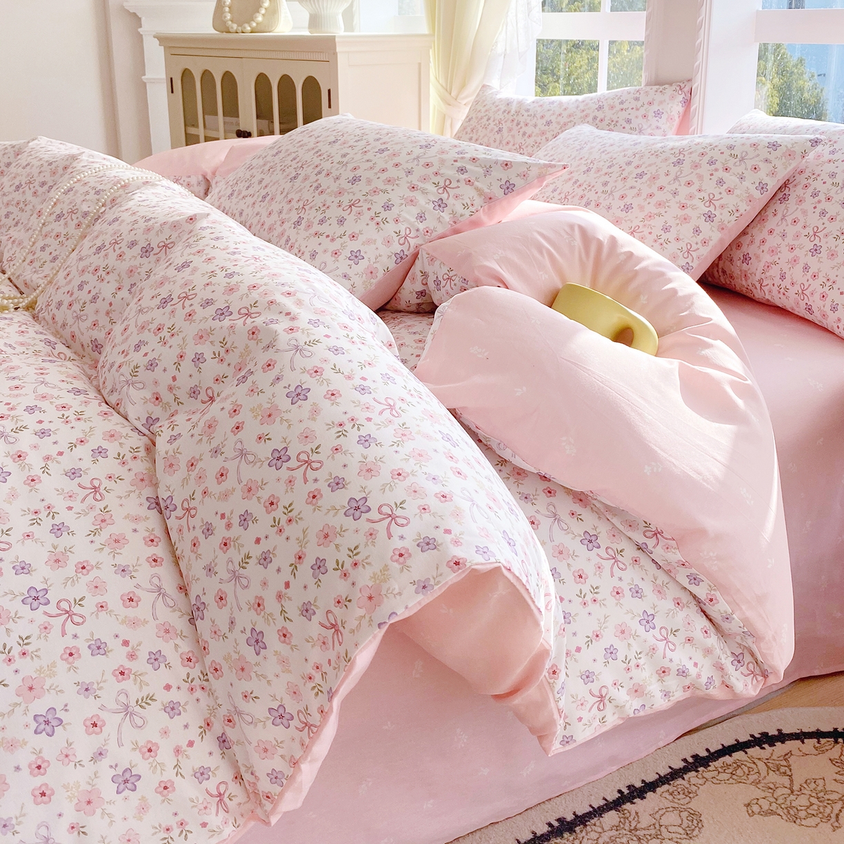 小懒猪 2026春夏新款全棉纯棉花卉款四件套 紫粉花漾