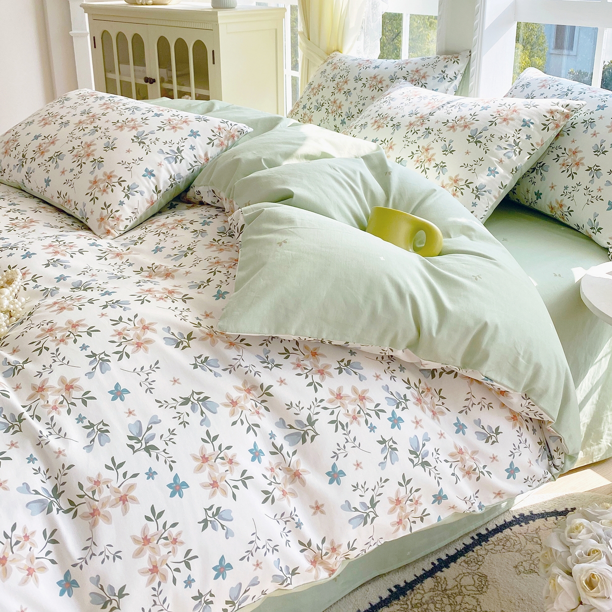 91家纺网 家纺一手货源 找家纺 小懒猪 2026春夏新款全棉纯棉花卉款四件套 沐风苍兰