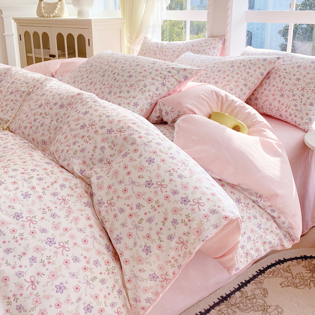 91家纺网 家纺一手货源 找家纺 小懒猪 2026春夏新款全棉纯棉花卉款四件套 紫粉花漾