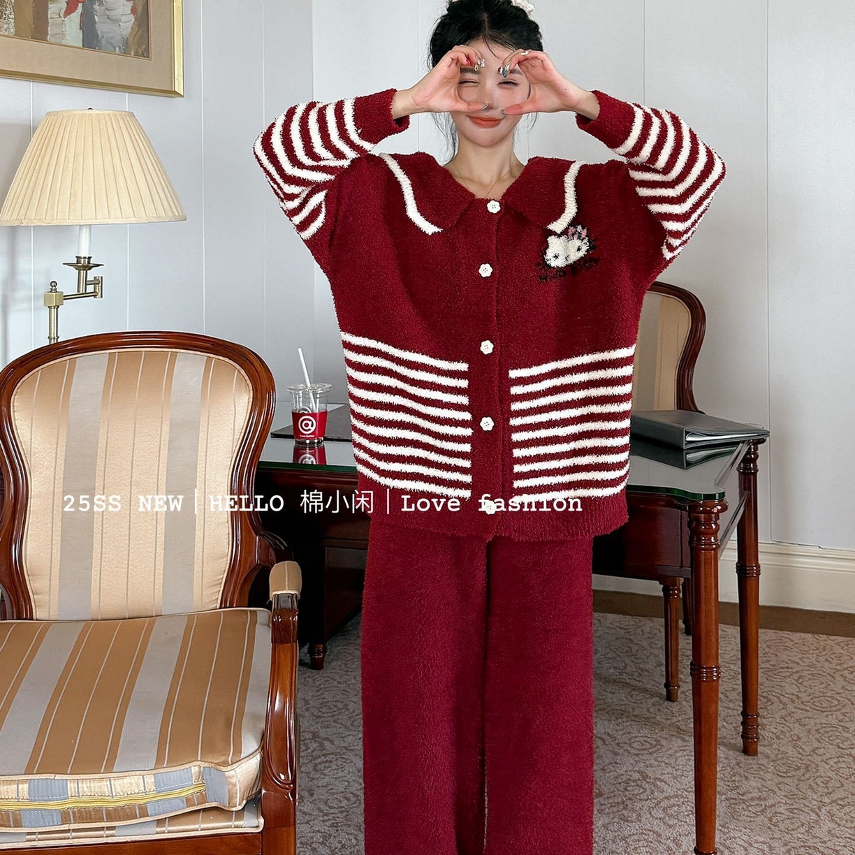 妍景家居生活馆 2026新款软绵绵条纹KT款家居服睡衣套装 红色