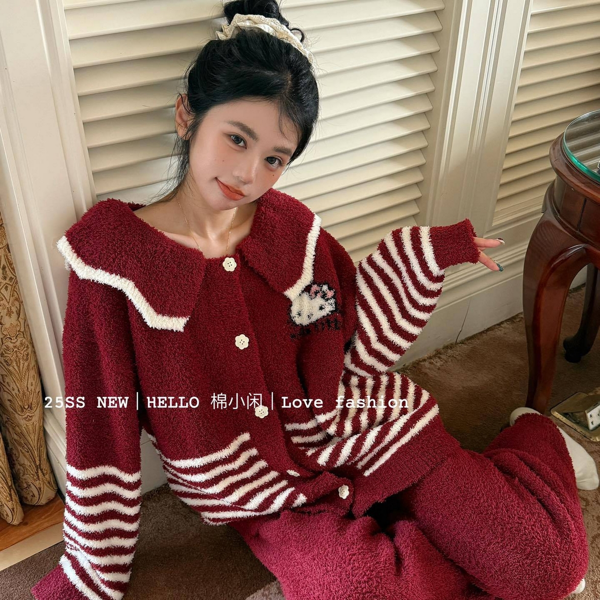 91家纺网 家纺一手货源 找家纺 妍景家居生活馆 2026新款软绵绵条纹KT款家居服睡衣套装 红色