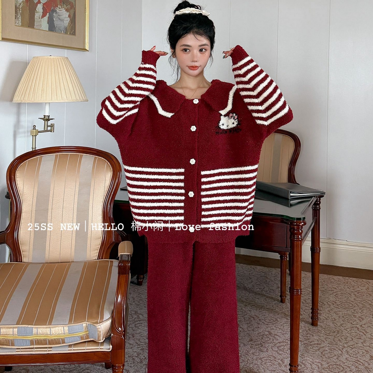 91家纺网 家纺一手货源 找家纺 妍景家居生活馆 2026新款软绵绵条纹KT款家居服睡衣套装 红色