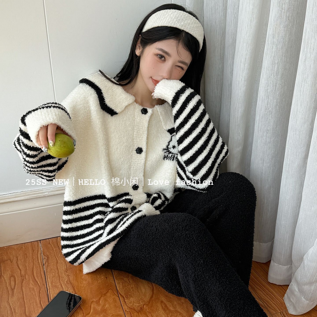 91家纺网 家纺一手货源 找家纺 妍景家居生活馆 2026新款软绵绵条纹KT款家居服睡衣套装 白色