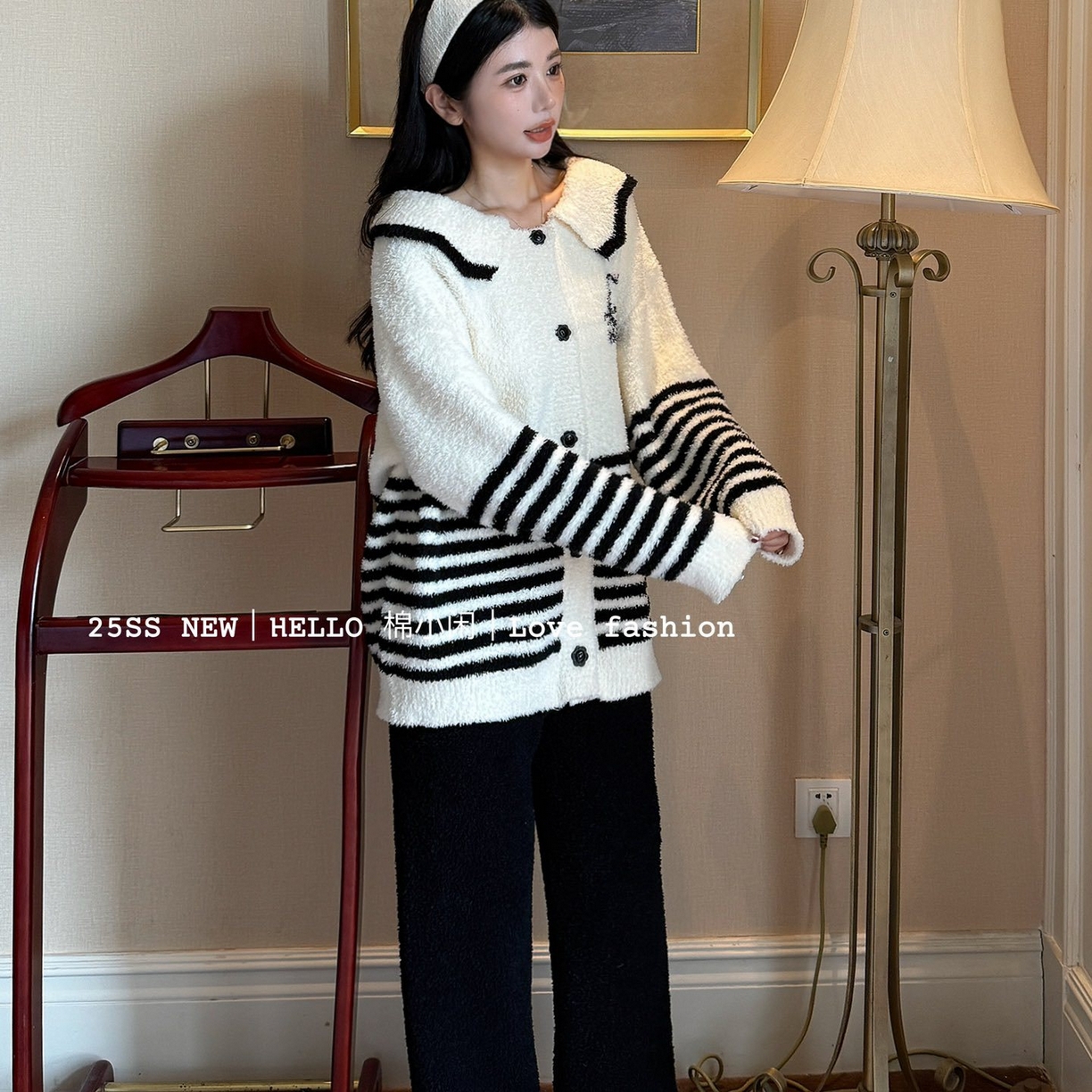 91家纺网 家纺一手货源 找家纺 妍景家居生活馆 2026新款软绵绵条纹KT款家居服睡衣套装 白色