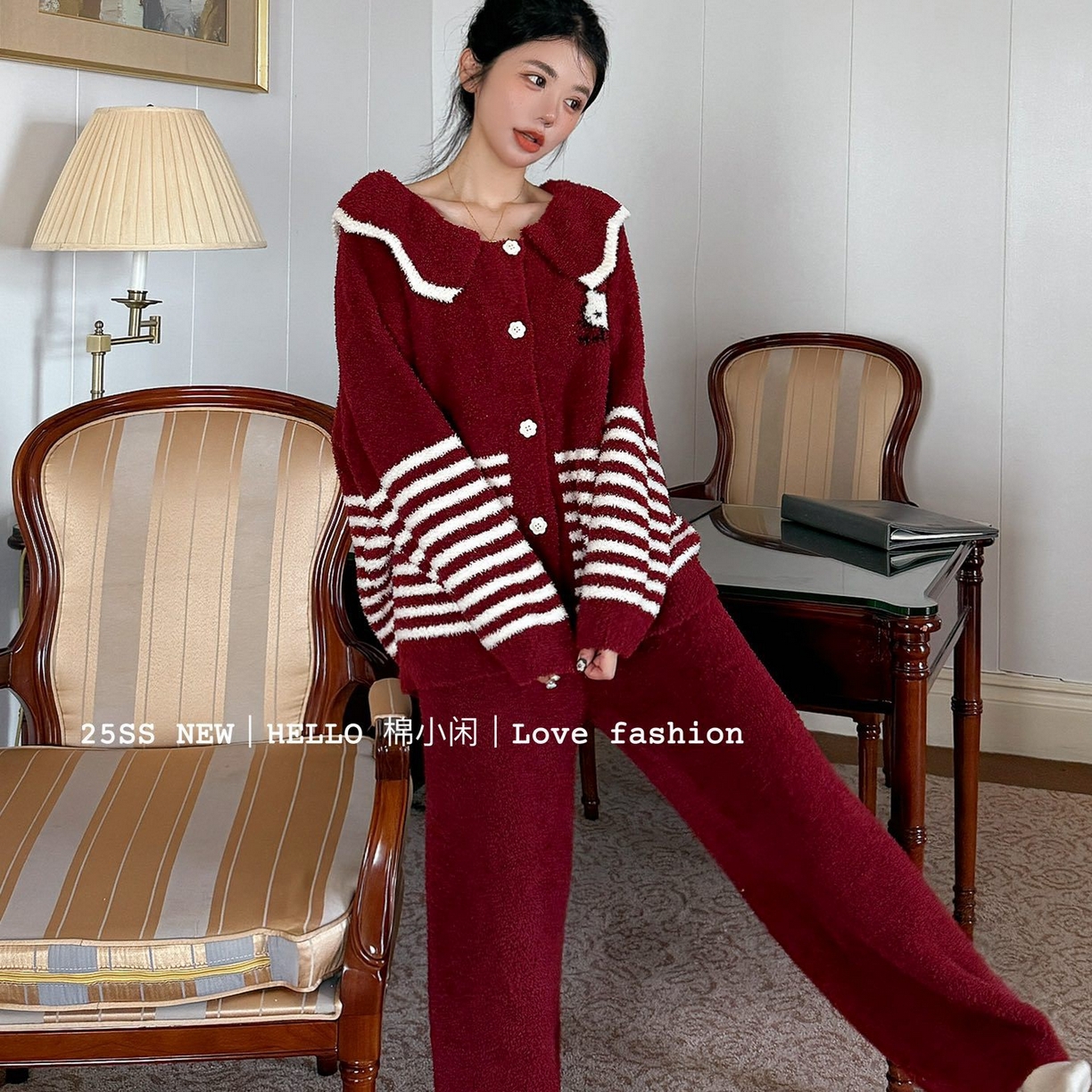 91家纺网 家纺一手货源 找家纺 妍景家居生活馆 2026新款软绵绵条纹KT款家居服睡衣套装 红色