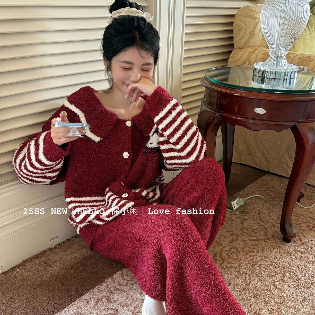 91家纺网 家纺一手货源 找家纺 妍景家居生活馆 2026新款软绵绵条纹KT款家居服睡衣套装 红色