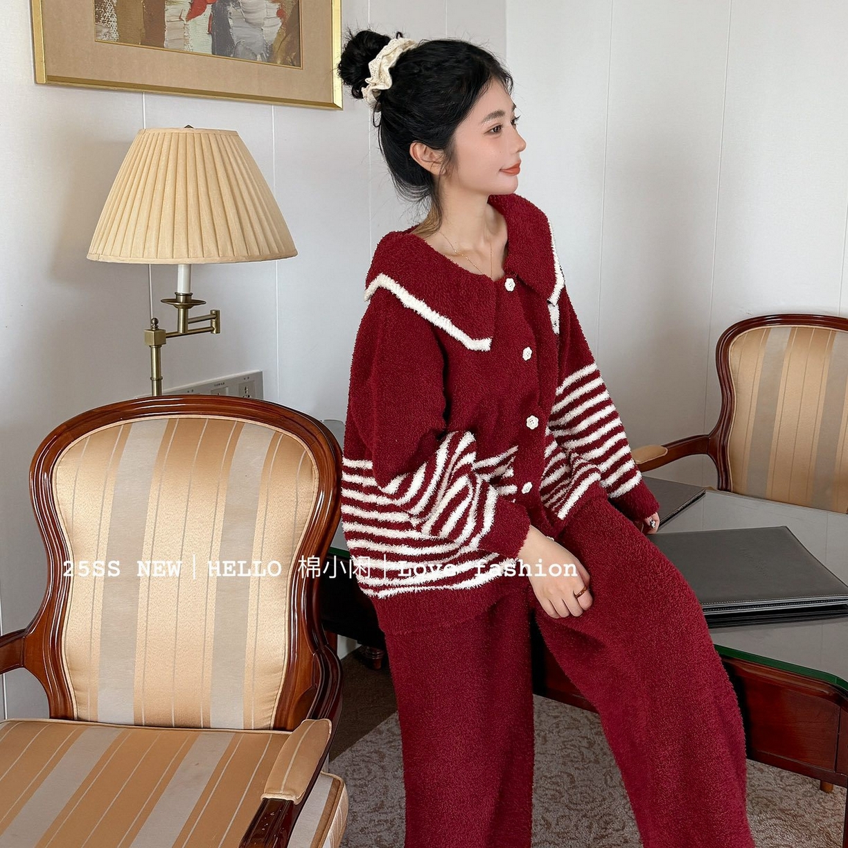 91家纺网 家纺一手货源 找家纺 妍景家居生活馆 2026新款软绵绵条纹KT款家居服睡衣套装 红色