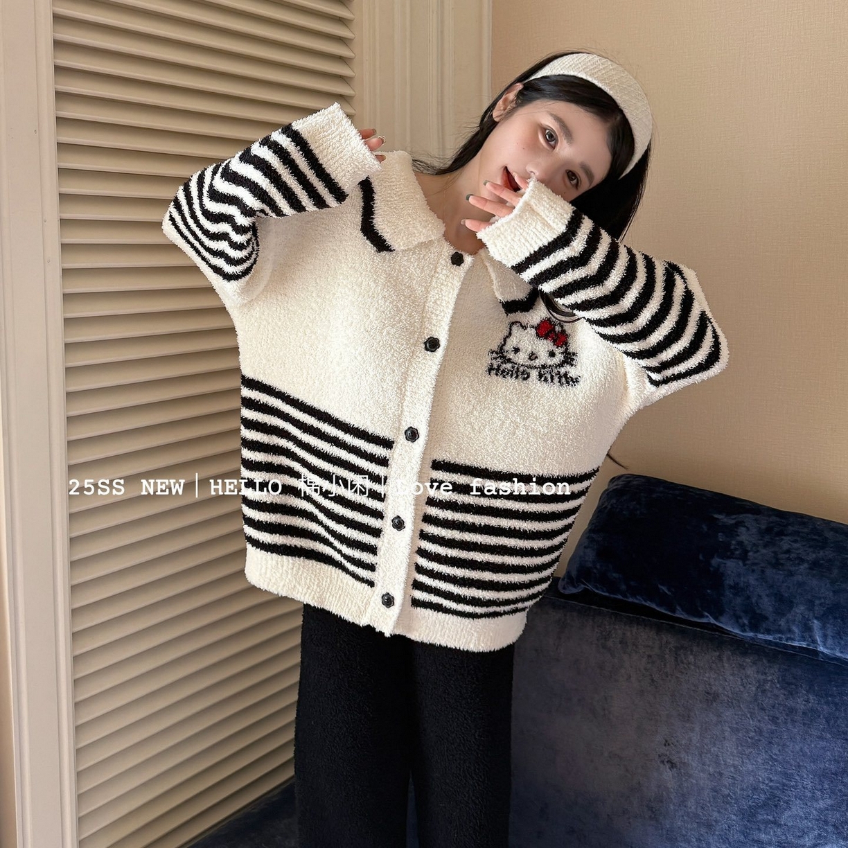 91家纺网 家纺一手货源 找家纺 妍景家居生活馆 2026新款软绵绵条纹KT款家居服睡衣套装 白色