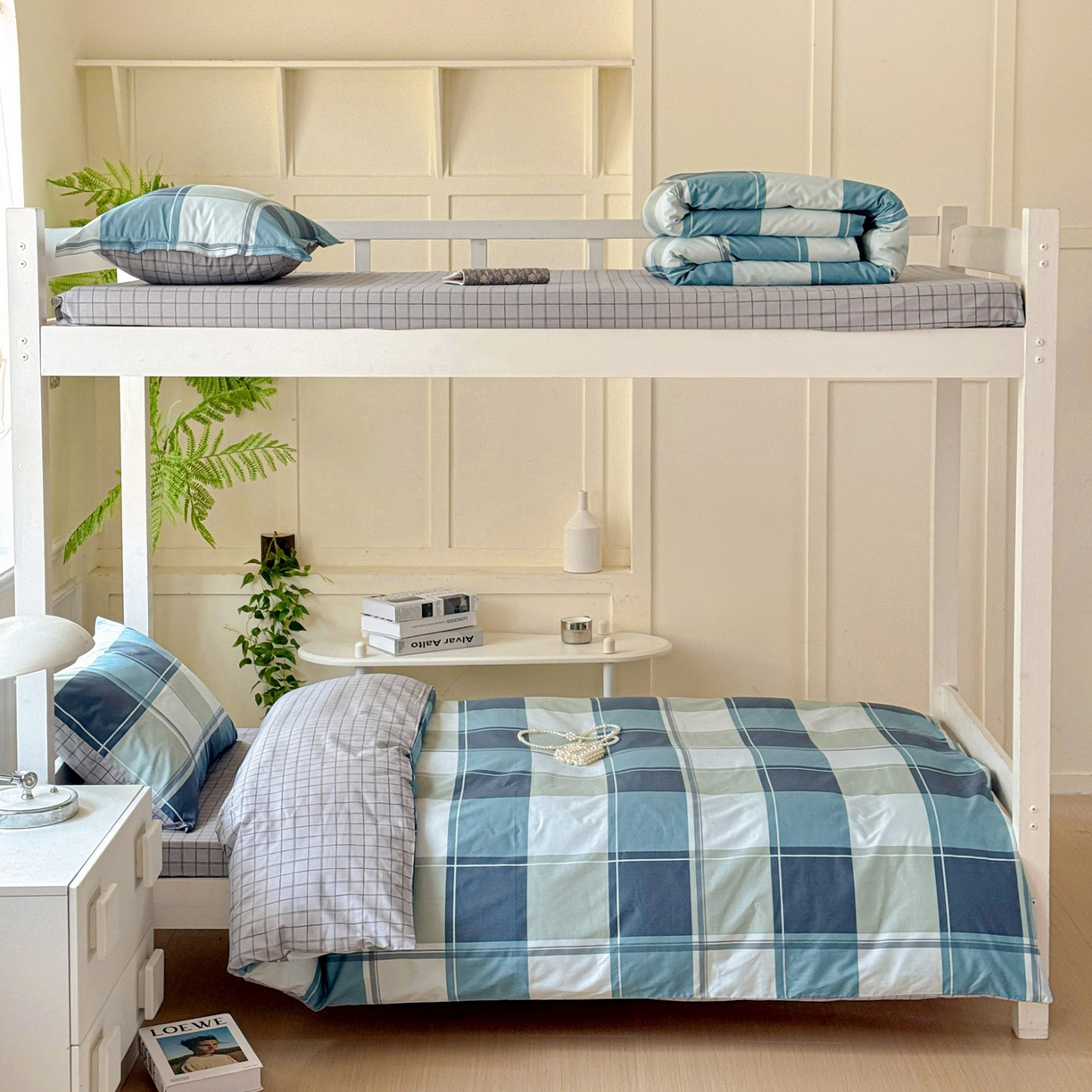 小豚鼠 2025纯棉13372学生三件套全棉宿舍六件套(收纳袋）（顺丰代发） 方格蓝