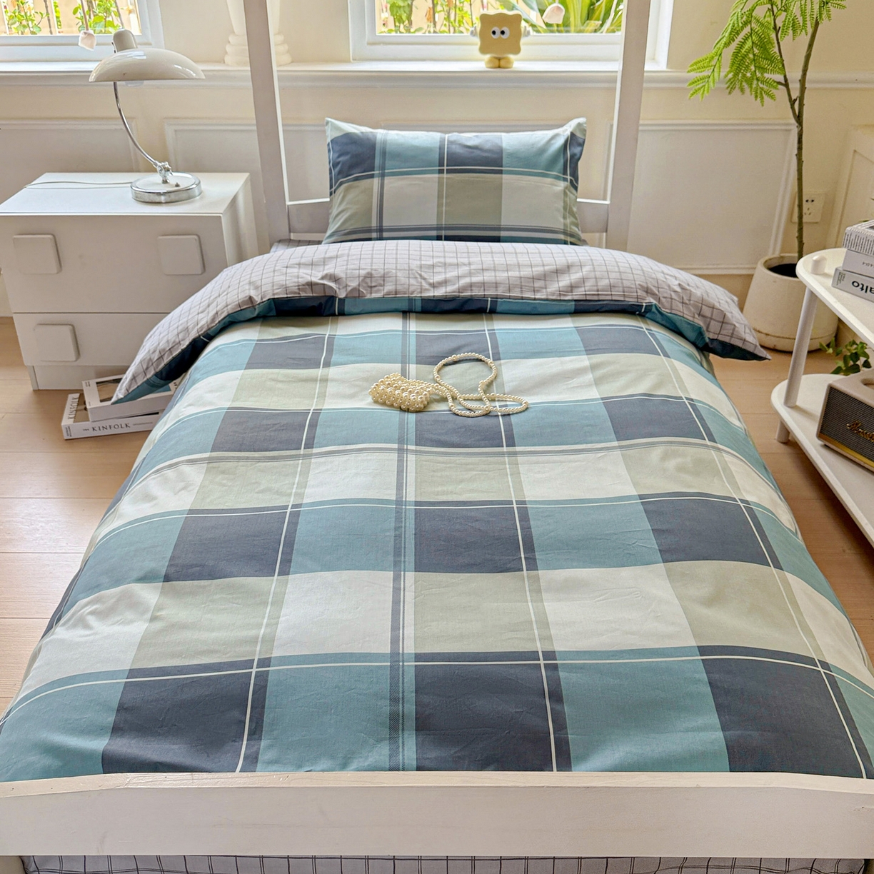 91家纺网 家纺一手货源 找家纺 小豚鼠 2025纯棉13372学生三件套全棉宿舍六件套(收纳袋）（顺丰代发） 方格蓝