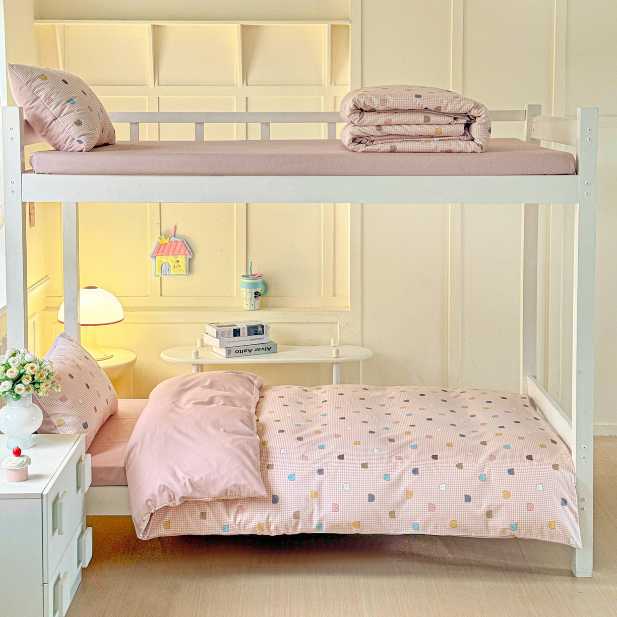 小豚鼠 2025纯棉13372学生三件套全棉宿舍六件套(收纳袋）（顺丰代发） 熊豆豆-粉