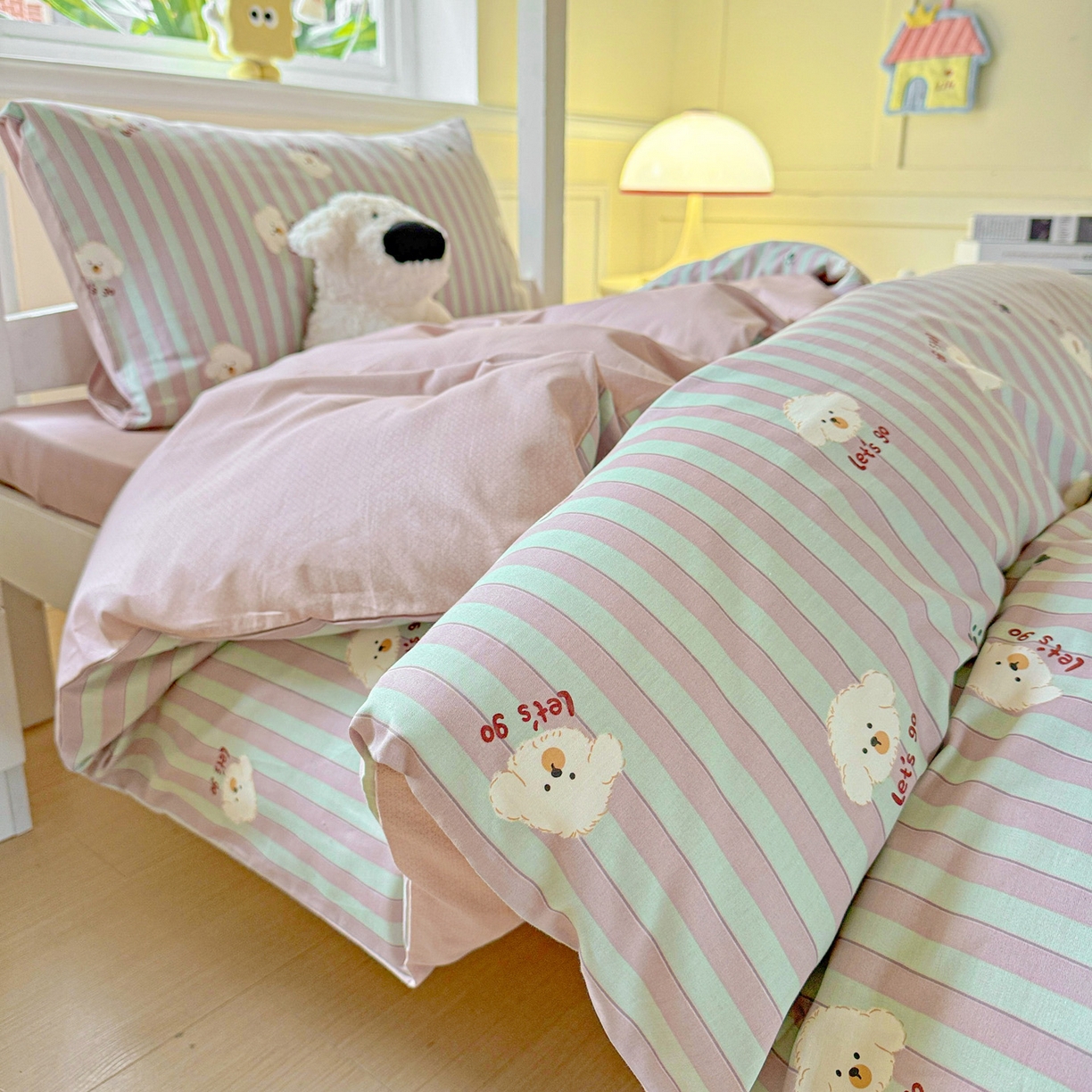 91家纺网 家纺一手货源 找家纺 小豚鼠 2025纯棉13372学生三件套全棉宿舍六件套(收纳袋）（顺丰代发） 努力小狗