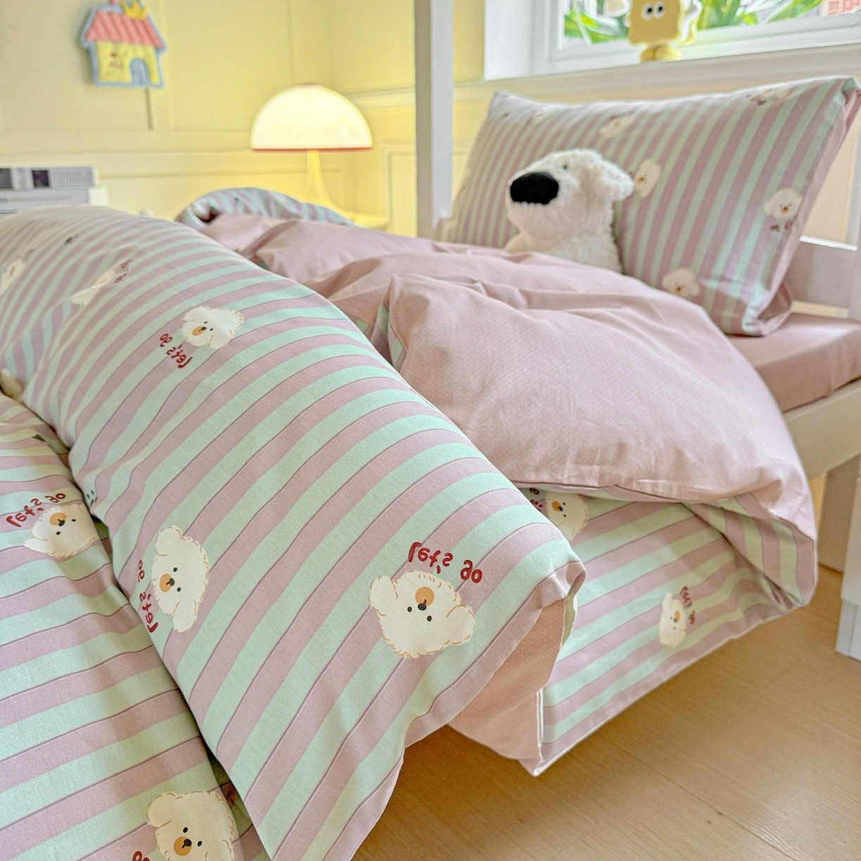 91家纺网 家纺一手货源 找家纺 小豚鼠 2025纯棉13372学生三件套全棉宿舍六件套(收纳袋）（顺丰代发） 努力小狗