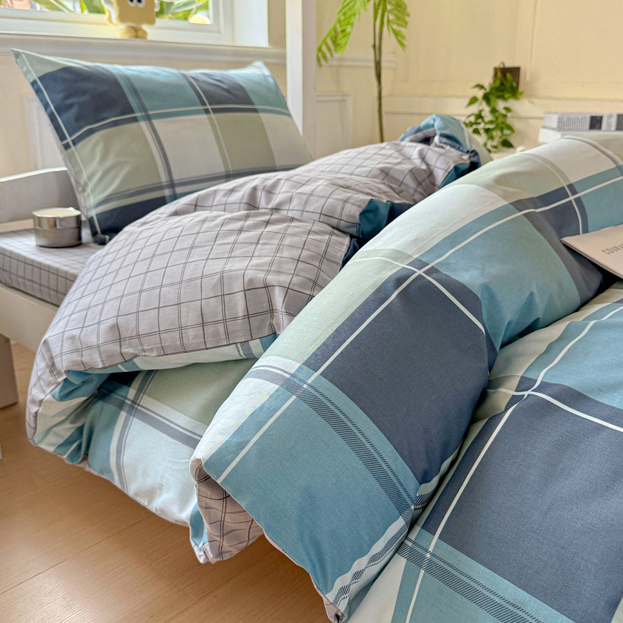 91家纺网 家纺一手货源 找家纺 小豚鼠 2025纯棉13372学生三件套全棉宿舍六件套(收纳袋）（顺丰代发） 方格蓝