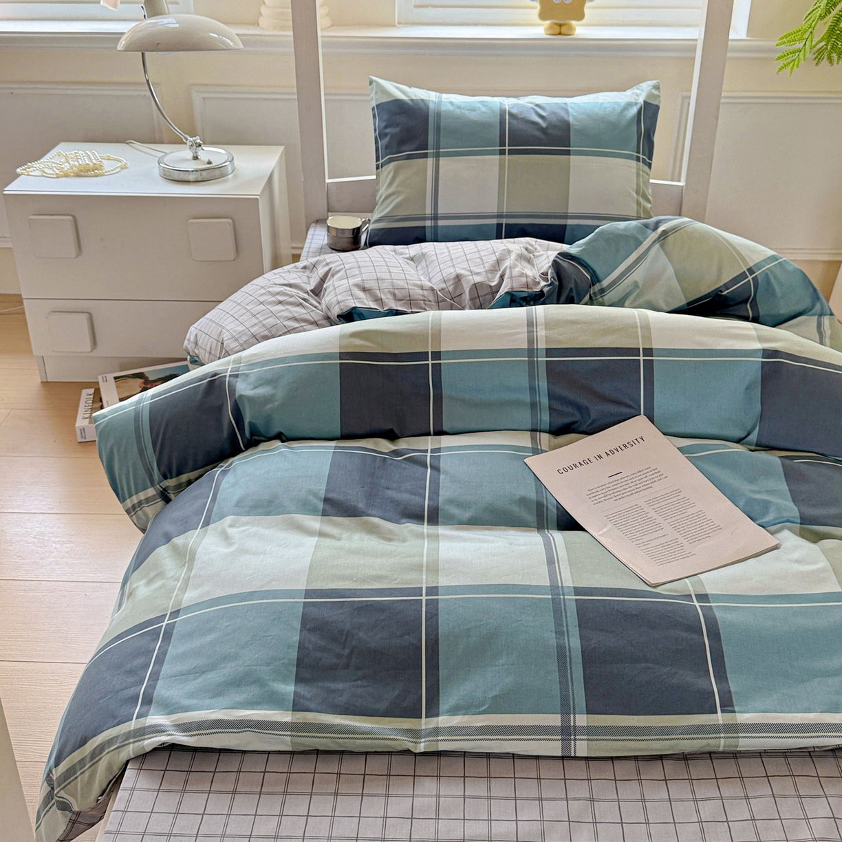 91家纺网 家纺一手货源 找家纺 小豚鼠 2025纯棉13372学生三件套全棉宿舍六件套(收纳袋）（顺丰代发） 方格蓝