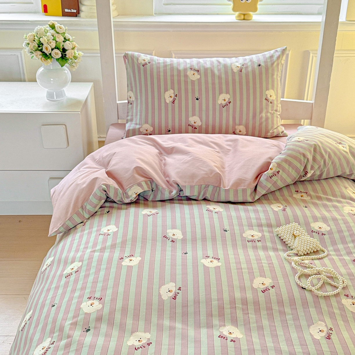 91家纺网 家纺一手货源 找家纺 小豚鼠 2025纯棉13372学生三件套全棉宿舍六件套(收纳袋）（顺丰代发） 努力小狗