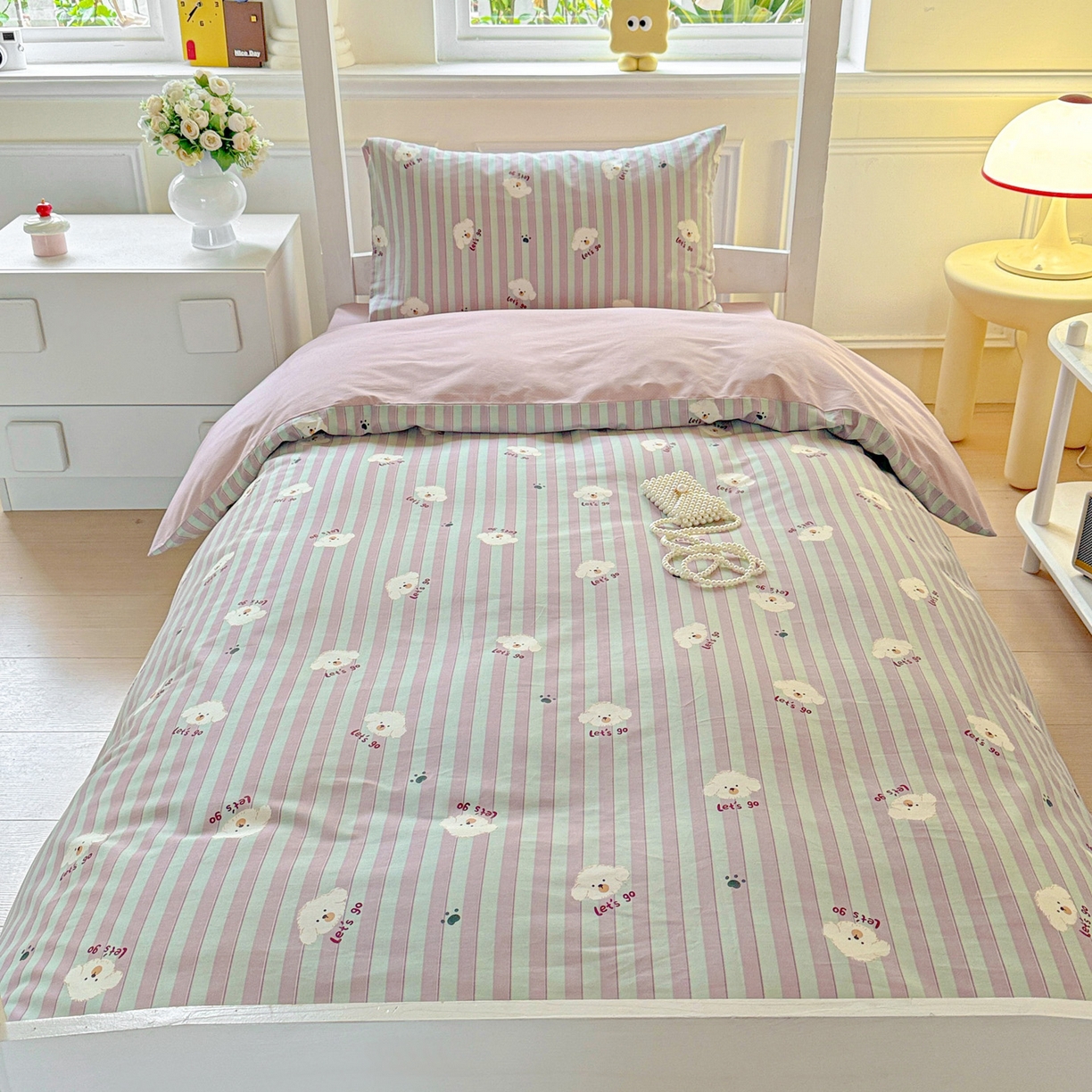 91家纺网 家纺一手货源 找家纺 小豚鼠 2025纯棉13372学生三件套全棉宿舍六件套(收纳袋）（顺丰代发） 努力小狗