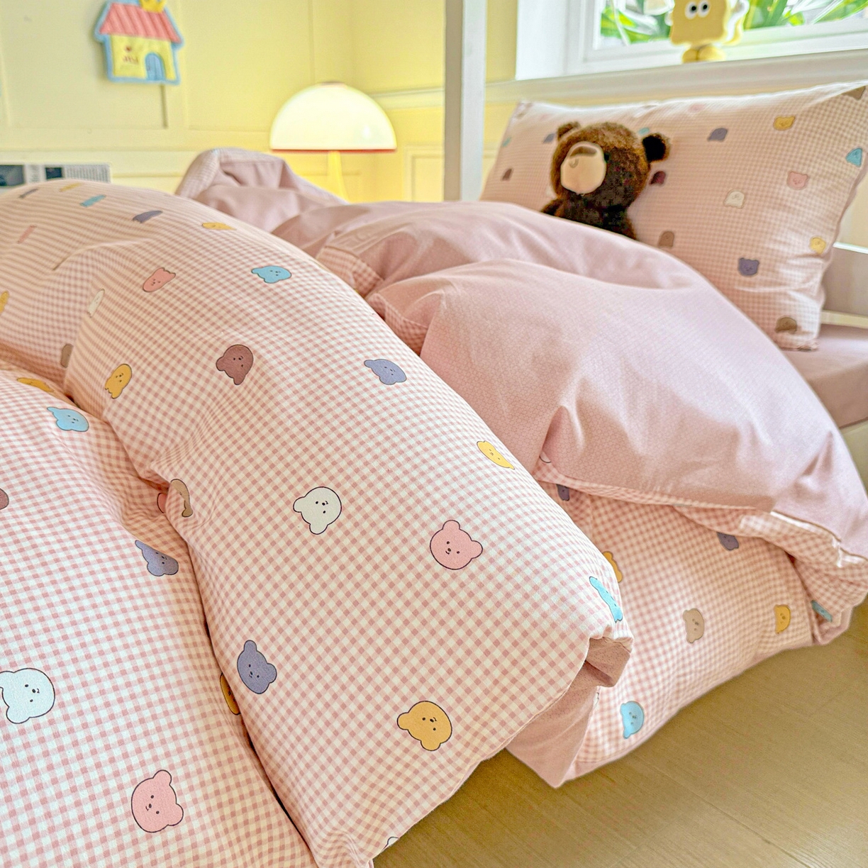 91家纺网 家纺一手货源 找家纺 小豚鼠 2025纯棉13372学生三件套全棉宿舍六件套(收纳袋）（顺丰代发） 熊豆豆-粉