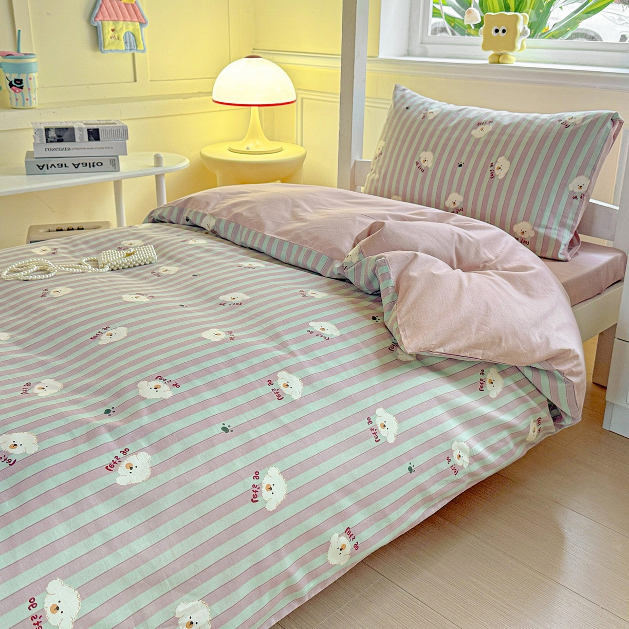 91家纺网 家纺一手货源 找家纺 小豚鼠 2025纯棉13372学生三件套全棉宿舍六件套(收纳袋）（顺丰代发） 努力小狗