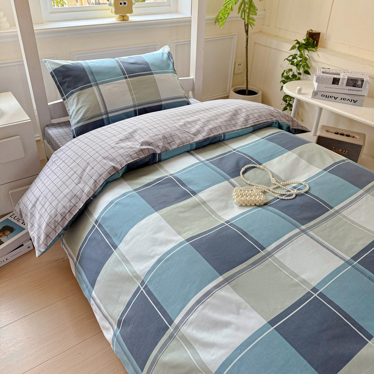 91家纺网 家纺一手货源 找家纺 小豚鼠 2025纯棉13372学生三件套全棉宿舍六件套(收纳袋）（顺丰代发） 方格蓝