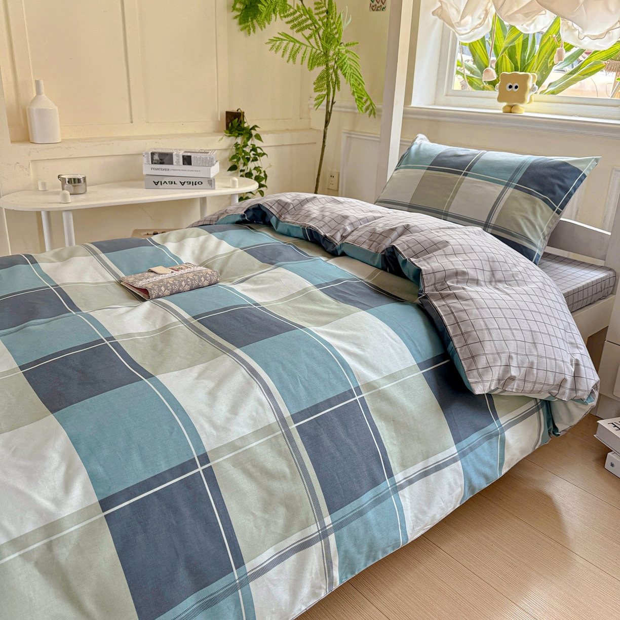 91家纺网 家纺一手货源 找家纺 小豚鼠 2025纯棉13372学生三件套全棉宿舍六件套(收纳袋）（顺丰代发） 方格蓝