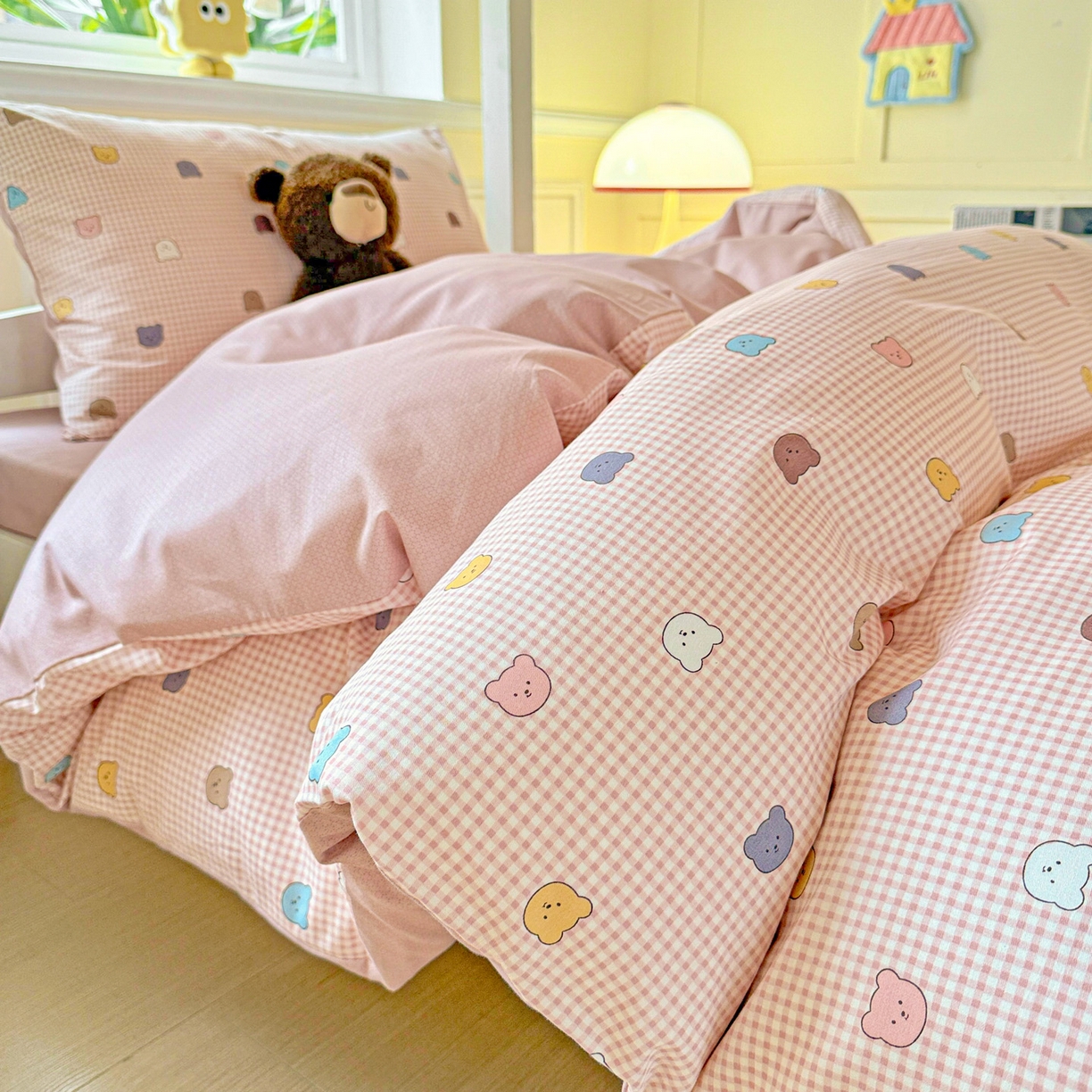 91家纺网 家纺一手货源 找家纺 小豚鼠 2025纯棉13372学生三件套全棉宿舍六件套(收纳袋）（顺丰代发） 熊豆豆-粉