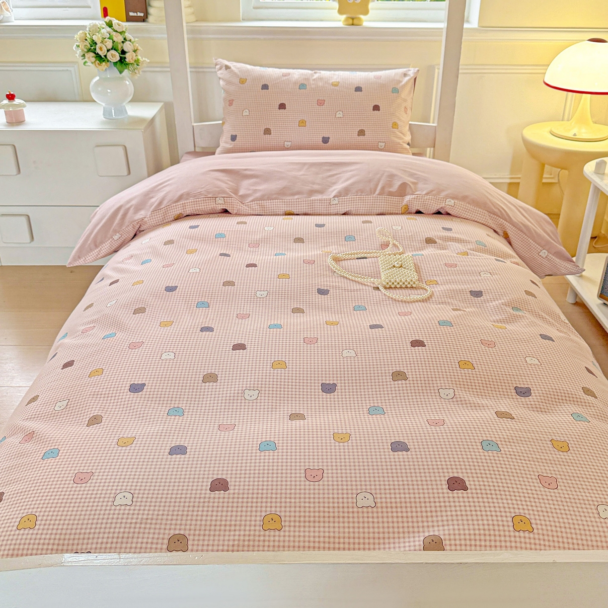 91家纺网 家纺一手货源 找家纺 小豚鼠 2025纯棉13372学生三件套全棉宿舍六件套(收纳袋）（顺丰代发） 熊豆豆-粉