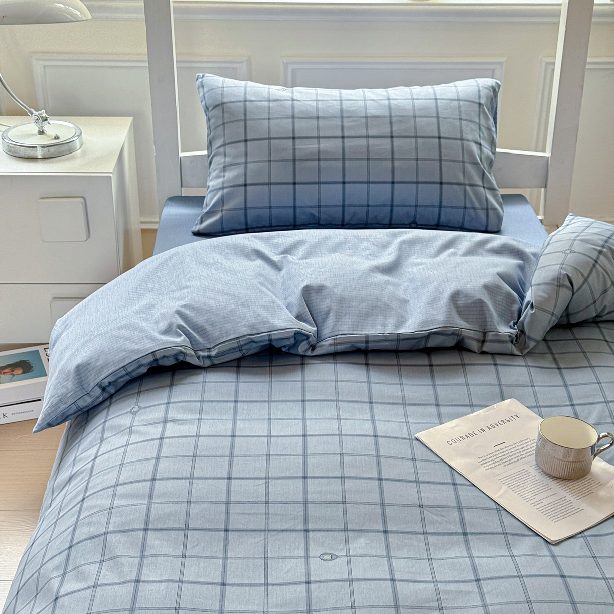 91家纺网 家纺一手货源 找家纺 小豚鼠 2025纯棉13372学生三件套全棉宿舍六件套(收纳袋）（顺丰代发） 马德里-蓝