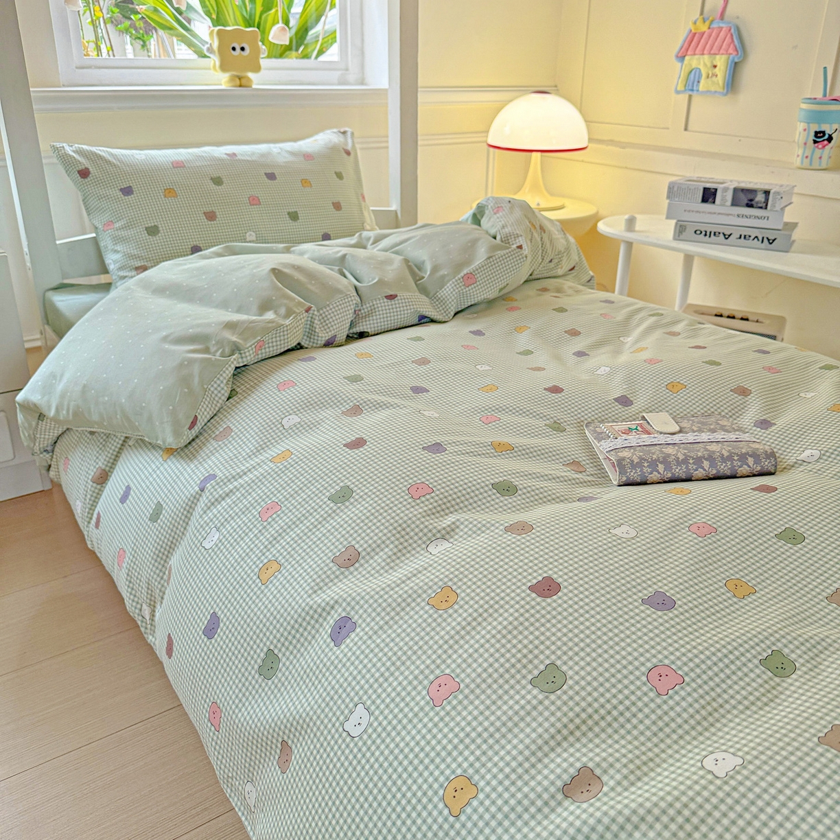 91家纺网 家纺一手货源 找家纺 小豚鼠 2025纯棉13372学生三件套全棉宿舍六件套(收纳袋）（顺丰代发） 熊豆豆-绿