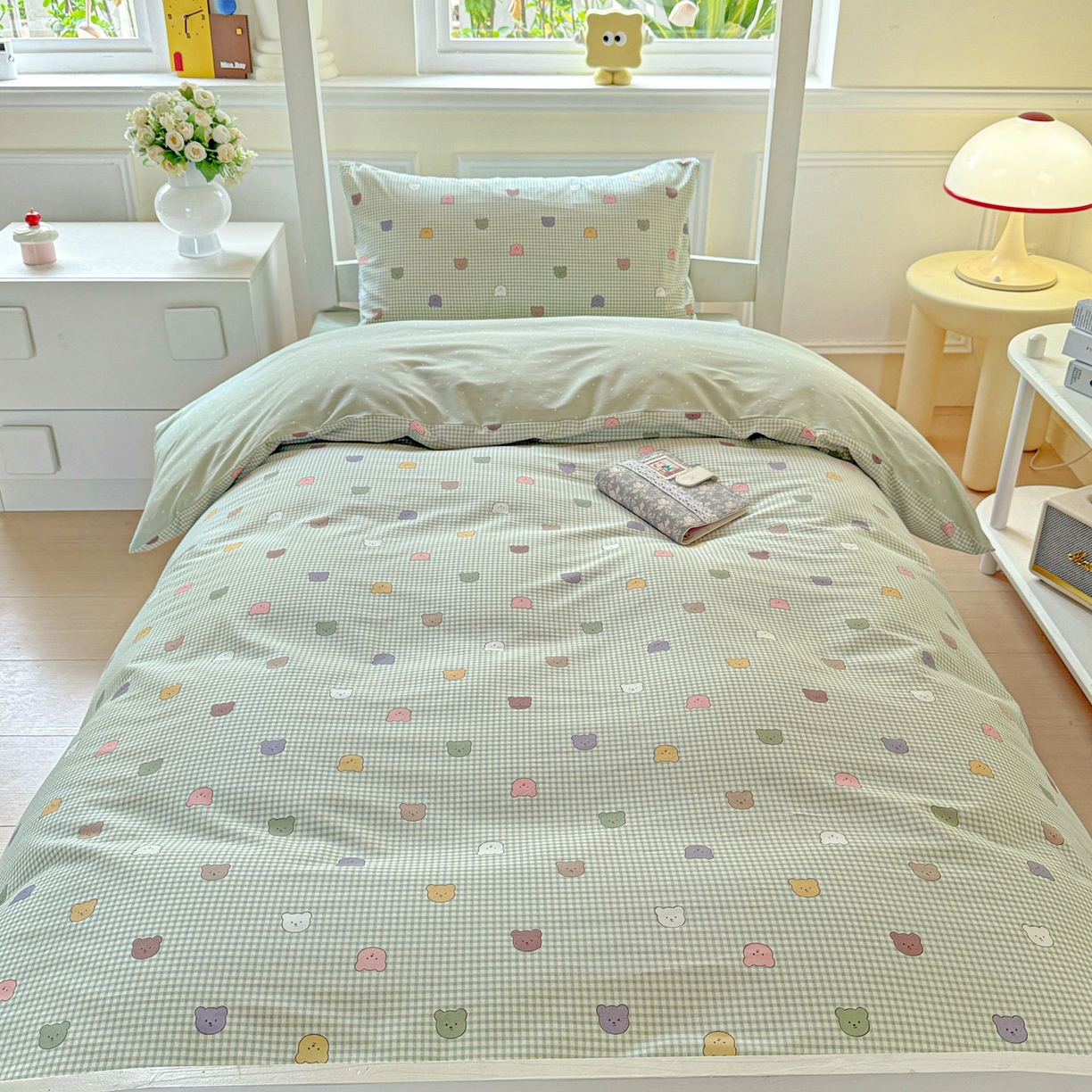 91家纺网 家纺一手货源 找家纺 小豚鼠 2025纯棉13372学生三件套全棉宿舍六件套(收纳袋）（顺丰代发） 熊豆豆-绿