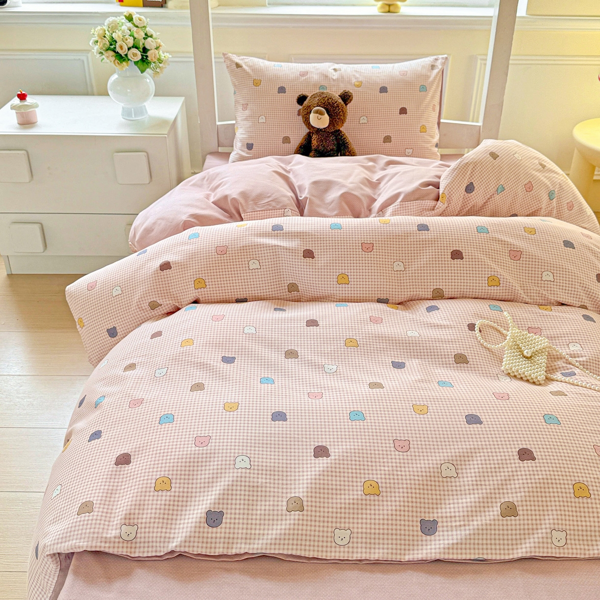 91家纺网 家纺一手货源 找家纺 小豚鼠 2025纯棉13372学生三件套全棉宿舍六件套(收纳袋）（顺丰代发） 熊豆豆-粉