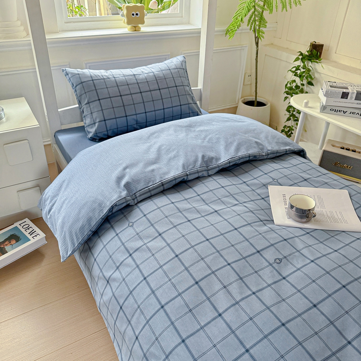 91家纺网 家纺一手货源 找家纺 小豚鼠 2025纯棉13372学生三件套全棉宿舍六件套(收纳袋）（顺丰代发） 马德里-蓝