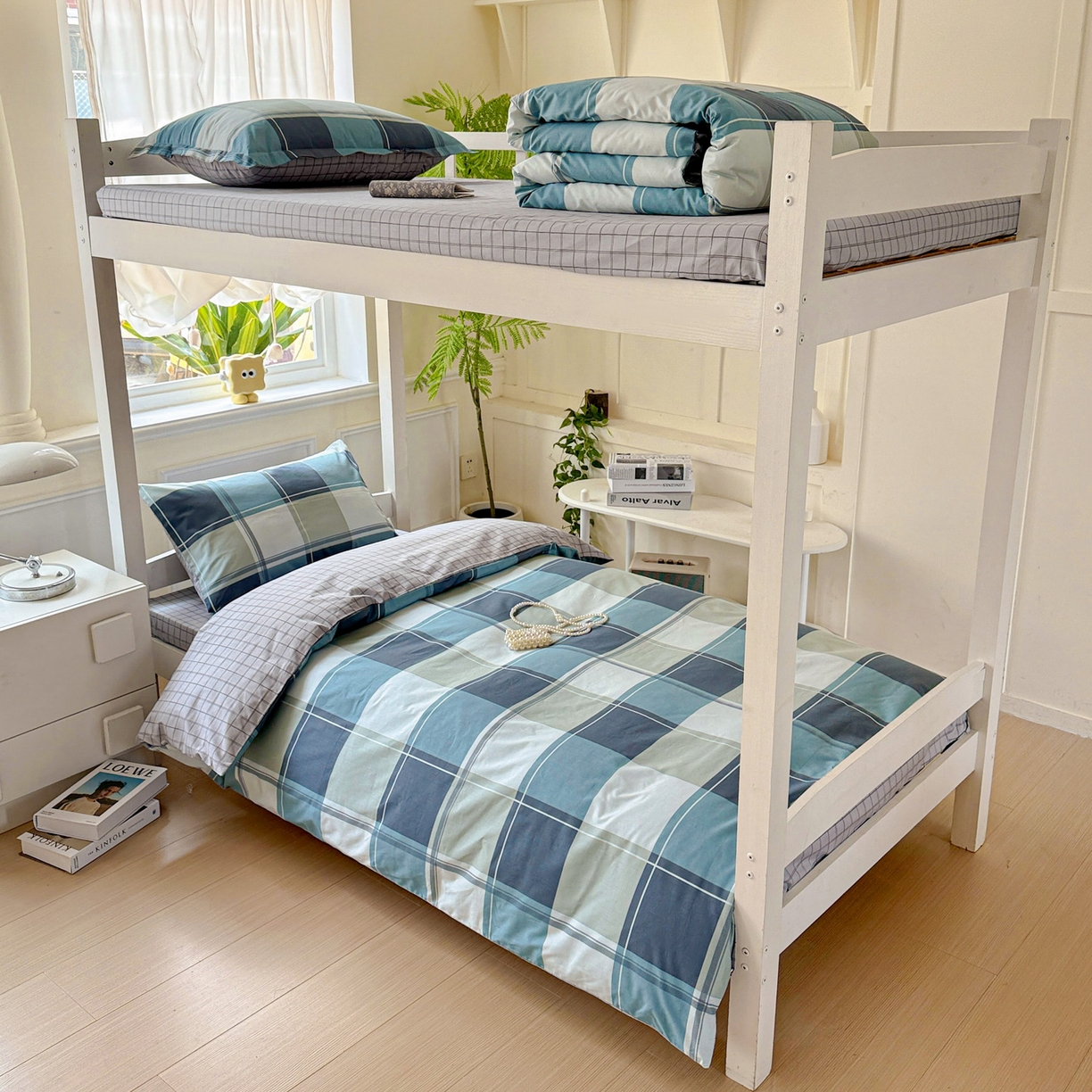 91家纺网 家纺一手货源 找家纺 小豚鼠 2025纯棉13372学生三件套全棉宿舍六件套(收纳袋）（顺丰代发） 方格蓝