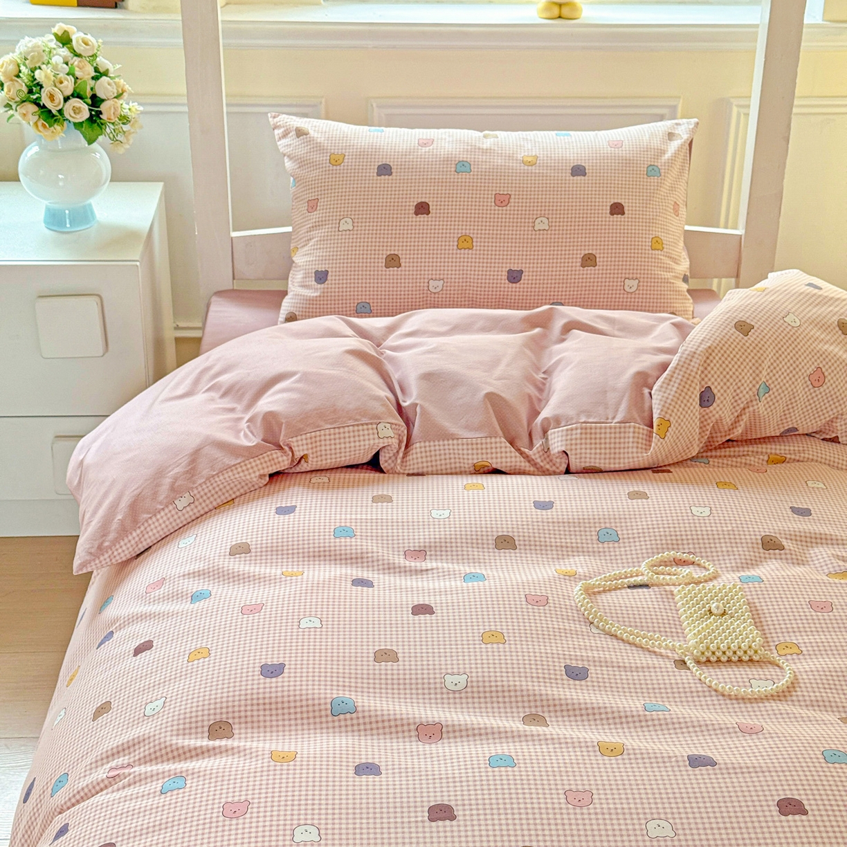 91家纺网 家纺一手货源 找家纺 小豚鼠 2025纯棉13372学生三件套全棉宿舍六件套(收纳袋）（顺丰代发） 熊豆豆-粉