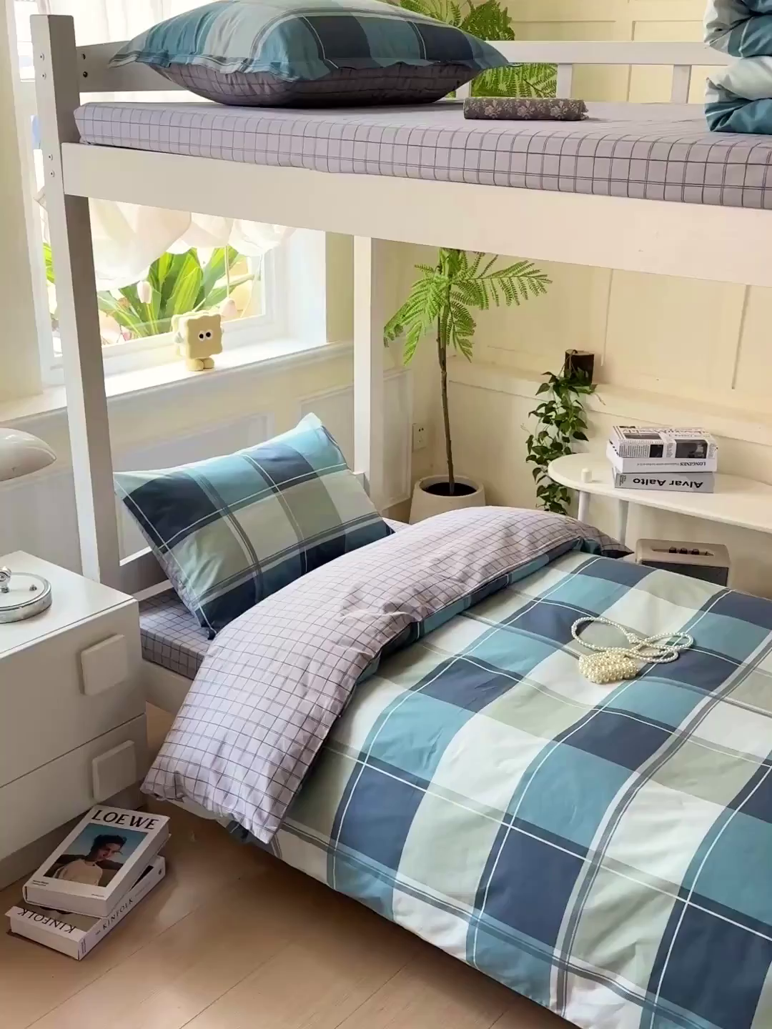 91家纺网 家纺一手货源 找家纺 小豚鼠 2025纯棉13372学生三件套全棉宿舍六件套(收纳袋）（顺丰代发） 方格蓝