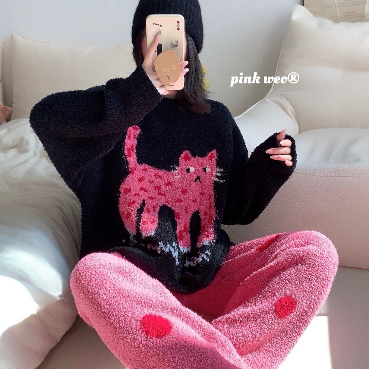 91家纺网 家纺一手货源 找家纺 （总）妍景家居生活馆 2026新款软绵绵波点猫咪黑家居服睡衣套装