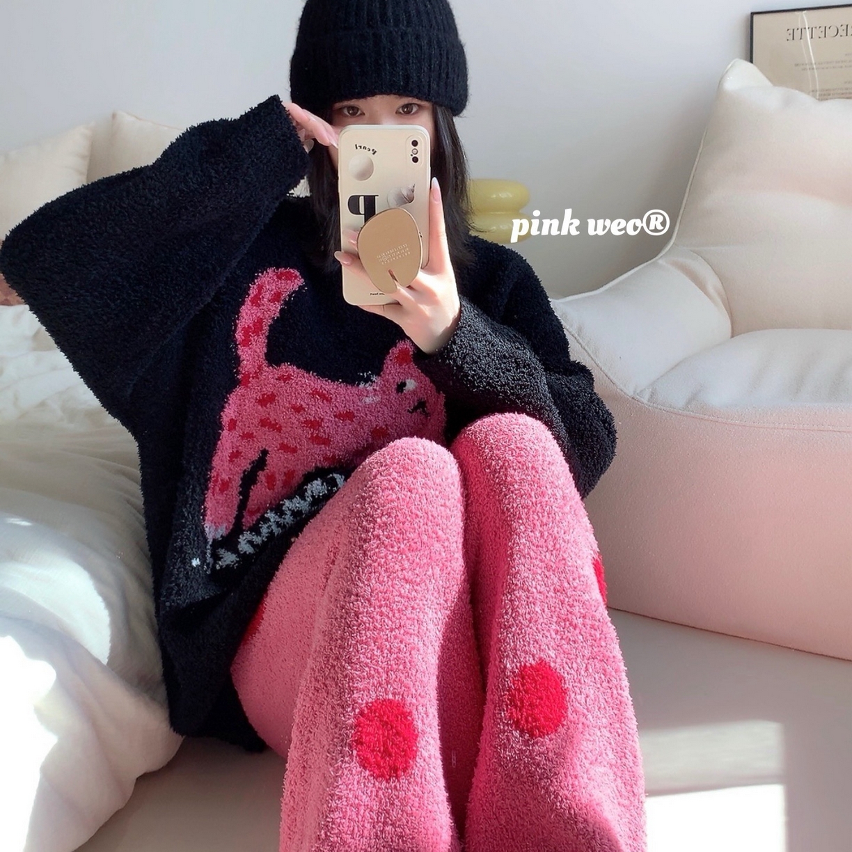 91家纺网 家纺一手货源 找家纺 （总）妍景家居生活馆 2026新款软绵绵波点猫咪黑家居服睡衣套装