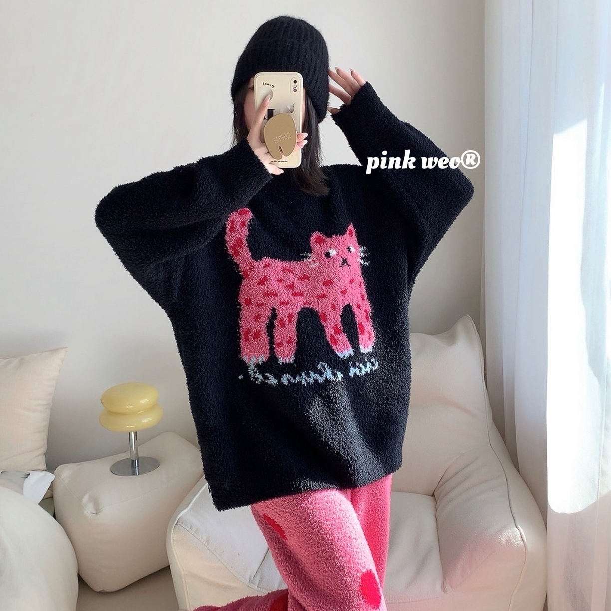 91家纺网 家纺一手货源 找家纺 （总）妍景家居生活馆 2026新款软绵绵波点猫咪黑家居服睡衣套装